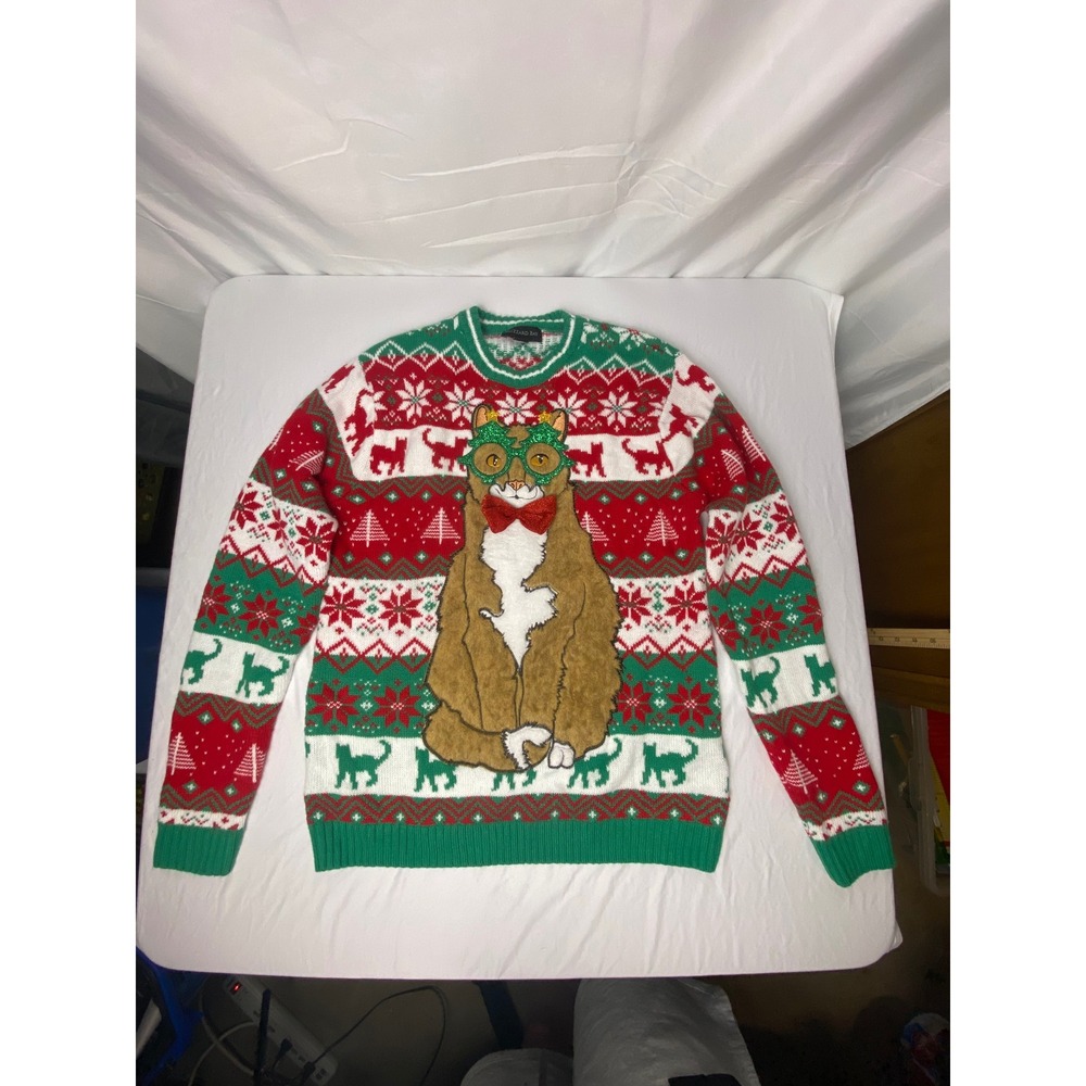 Blizzard Bay‎ Ugly Christmas Sweater Cat with Glasses Red Green Medium